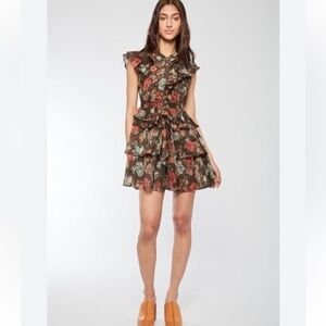 Ulla Johnson Olive Floral Ruffle Mini Dress with Rust and Teal Accents